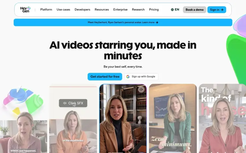 Heygen homepage showing Transform text, images, and audio into realistic AI videos with HeyGen