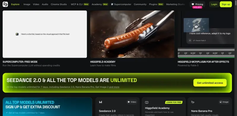 Higgsfield AI homepage showing Create media with AI