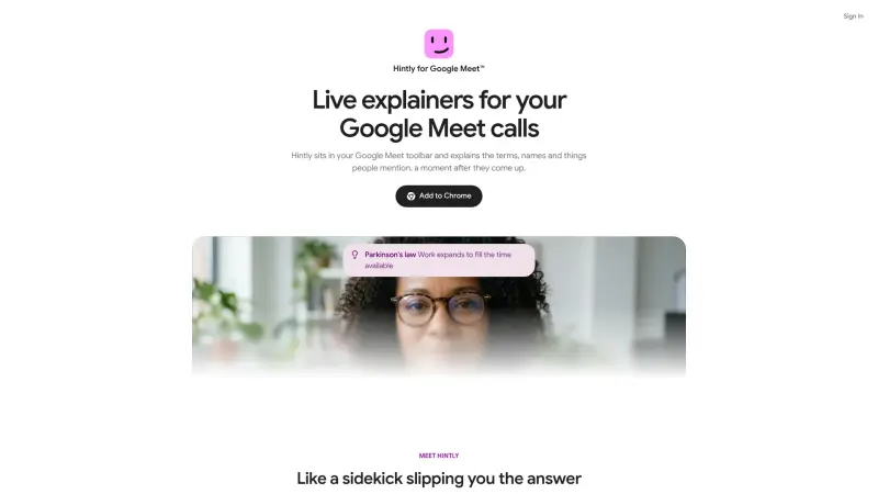 Hintly homepage showing Google Meet extension clarifies terms and facts for business users