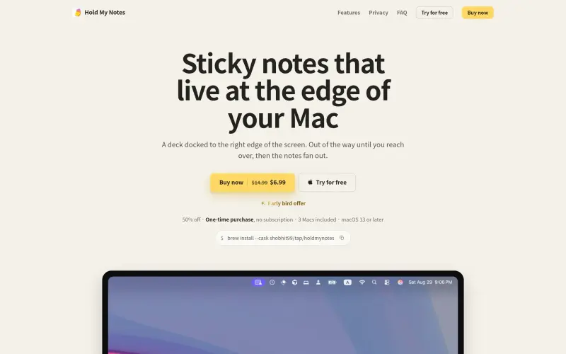 Hold My Notes homepage showing Sticky notes docked to your Mac's edge, encrypted and account-free