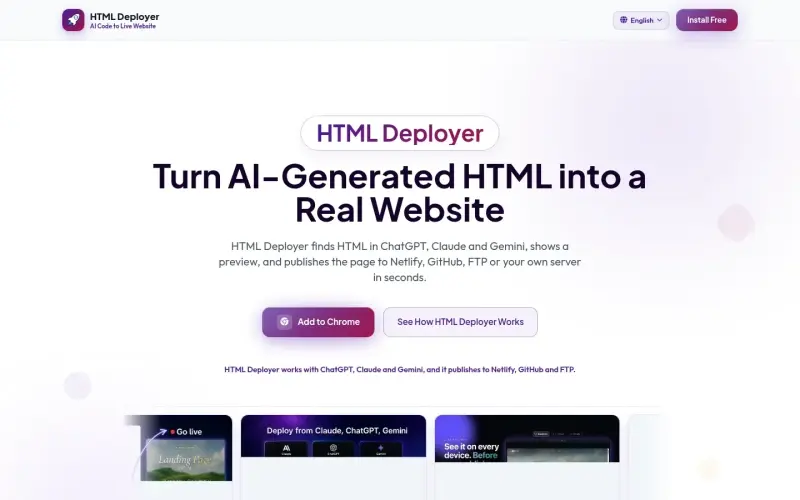 HTML Deployer homepage showing Deploy AI-generated HTML to live websites