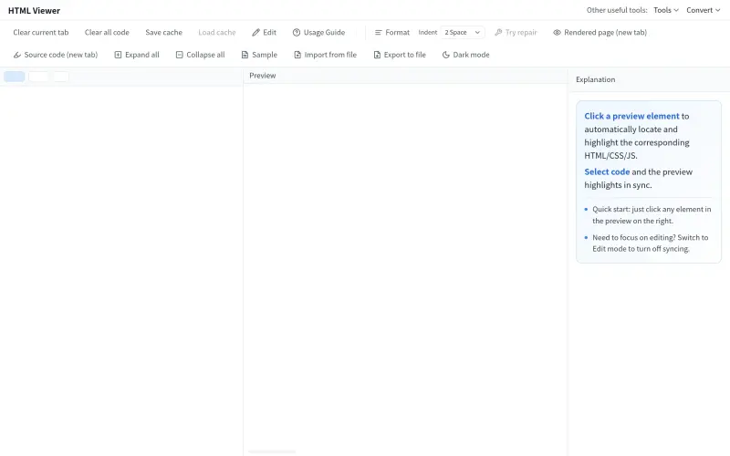HTML Viewer Online homepage showing Live HTML preview and code mapping