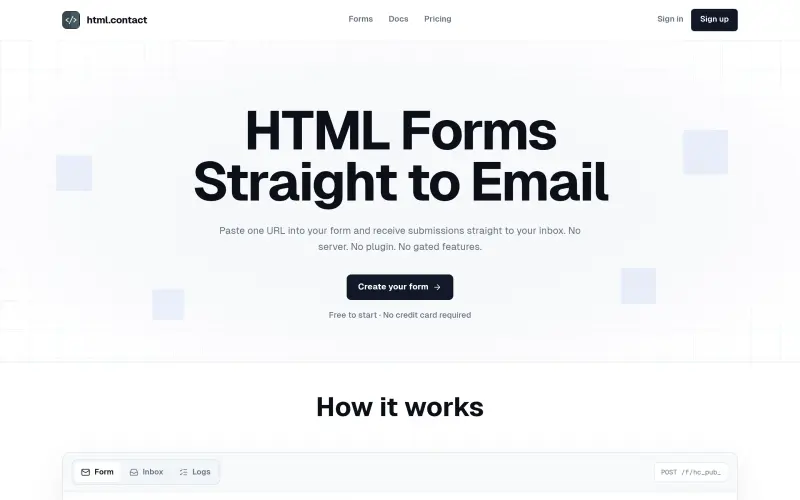 html.contact homepage showing Send form data straight to email