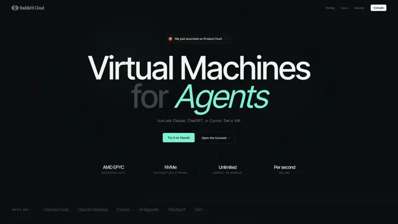 Huddle01 VMs homepage screenshot - Deploy virtual machines instantly with AI-powered chat commands