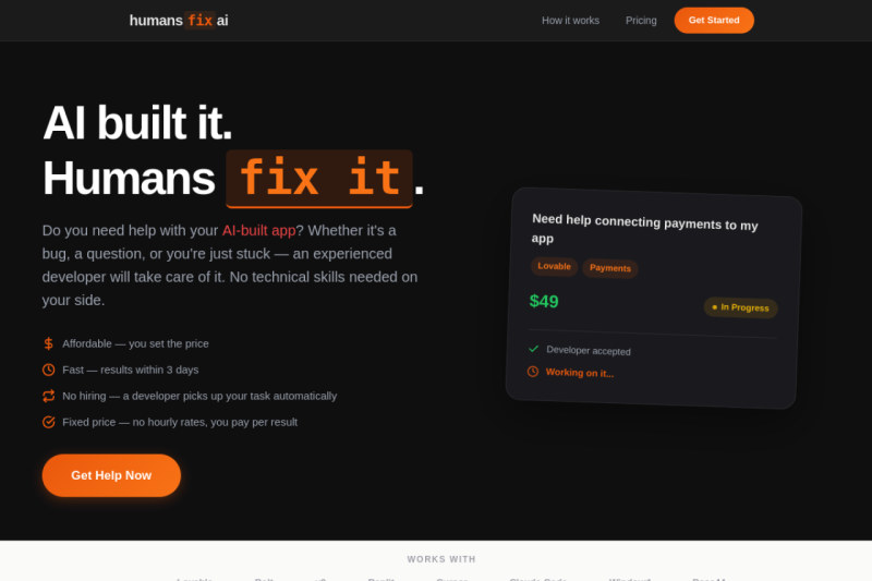 humans fix ai homepage showing Get instant help from verified developers for your AI-built app bugs and