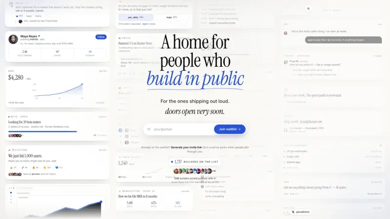 ibuildinpublic homepage showing Openly share and learn from real product builds