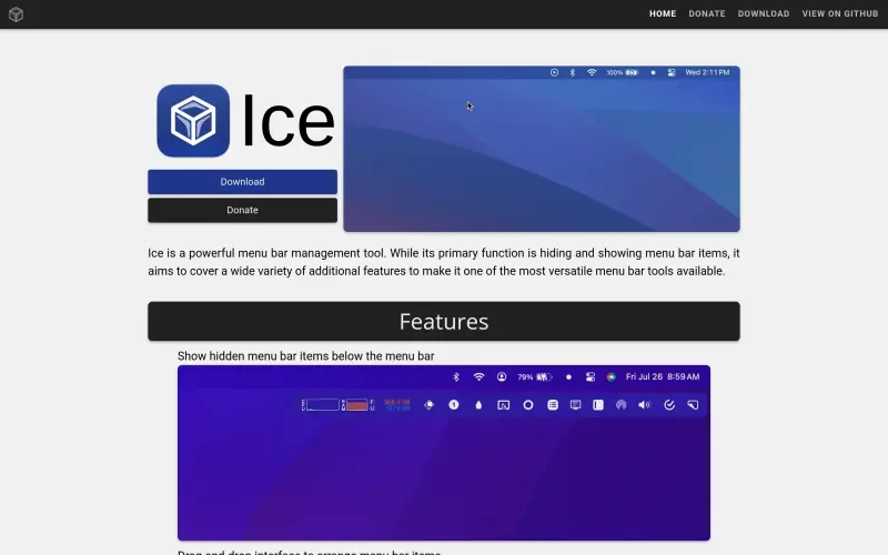 Ice homepage showing Robust menu bar manager for macOS