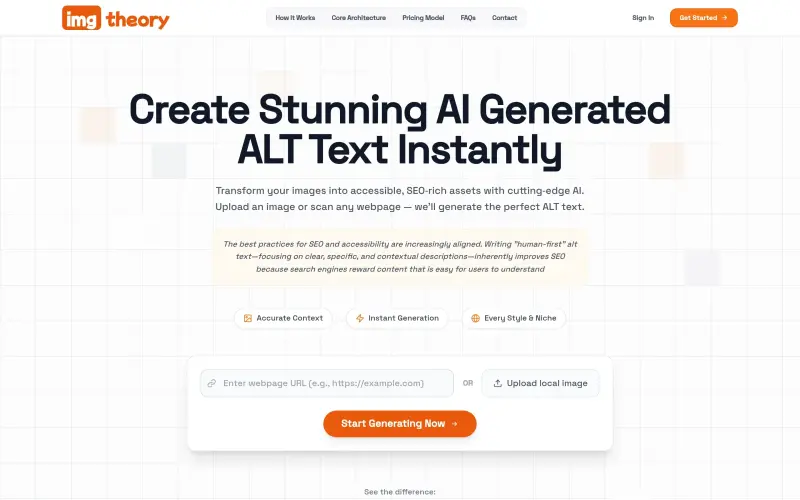 Imgtheory homepage showing AI optimizes image alt text