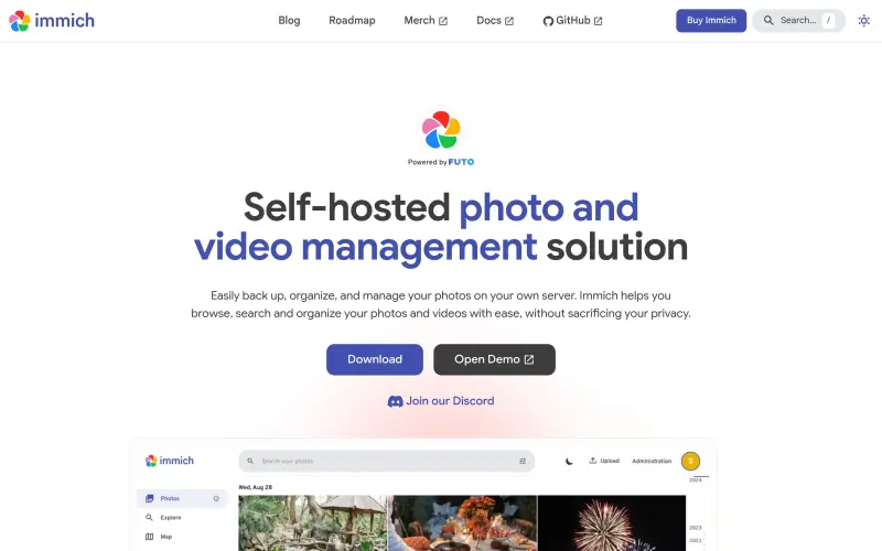 Immich homepage showing & back up your photos & videos, self-hosted for privacy organization