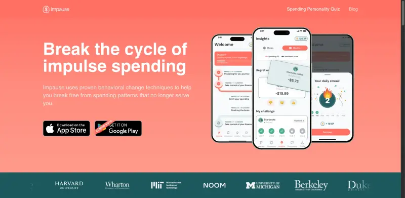 Impause homepage showing develop self-control over finances with real-time guidance and personalized