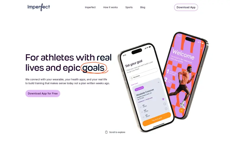 Imperfect homepage screenshot - Adaptive AI coaching for cyclists, runners, and swimmers
