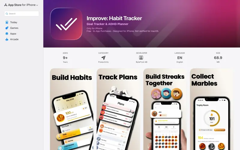 Improve: Habit Tracker App homepage screenshot - Track habits, earn rewards, and build streaks with a daily planner and task manager