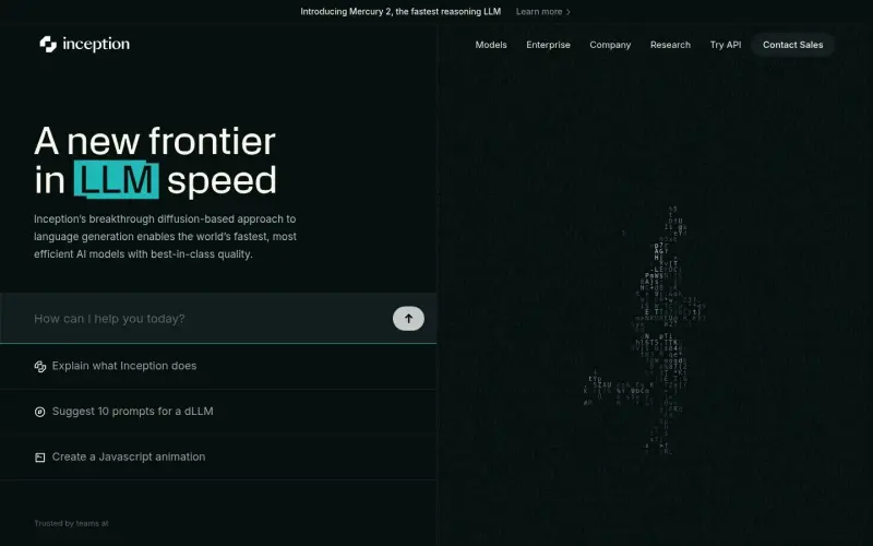Inception homepage screenshot - Accelerate AI tasks with diffusion-powered LLMs