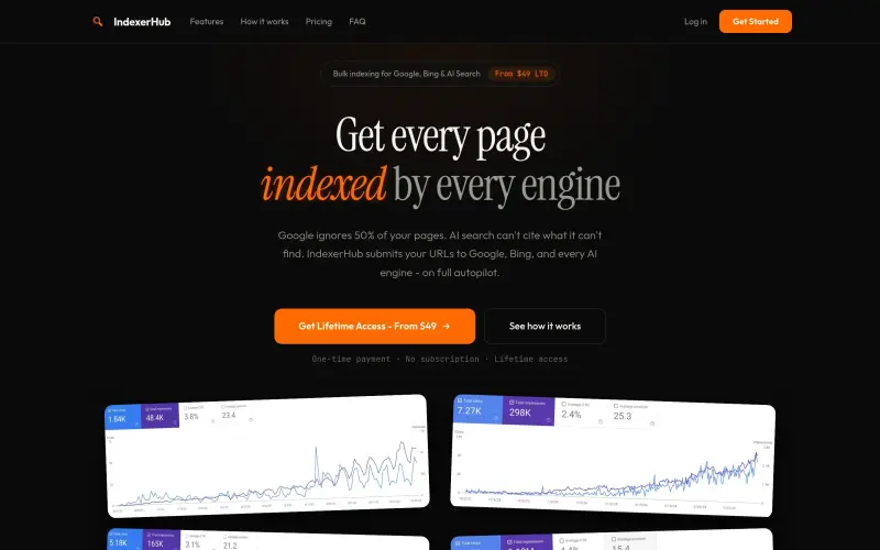 IndexerHub homepage screenshot - Automate URL indexing for search engines and AI discoverability