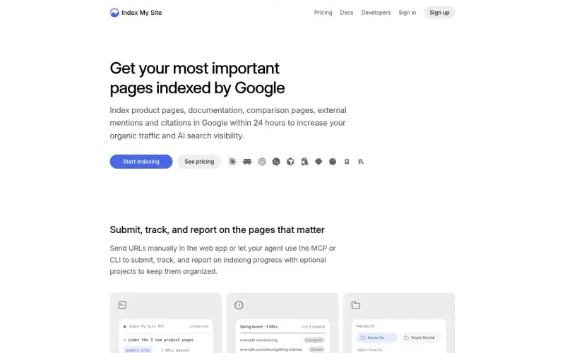 Indexmysite homepage showing Submit and track from your AI agent or your publishing workflow