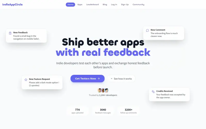 Indie App Circle homepage showing Get real feedback from indie developers