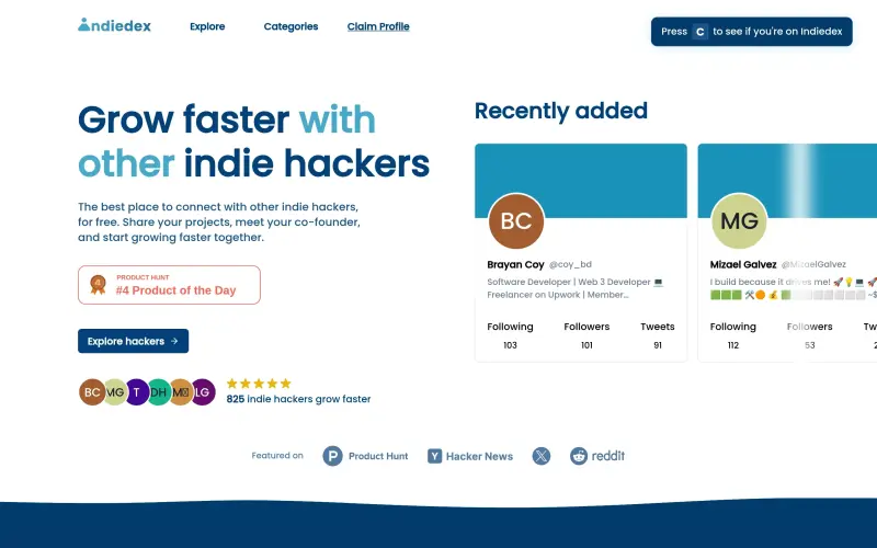 Indiedex homepage showing Free platform for indie hackers to share projects and collaborate
