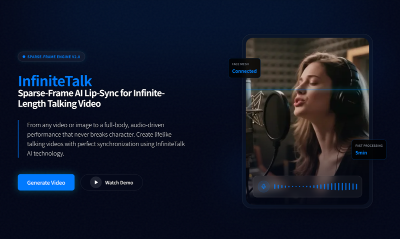 InfiniteTalk homepage showing Create lifelike talking videos with perfect lip sync. Turn any image or video
