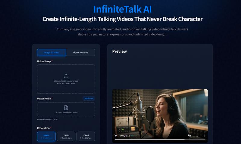 InfiniteTalk interface screenshot 2 showing Create lifelike talking videos with perfect lip sync. Turn any image or video