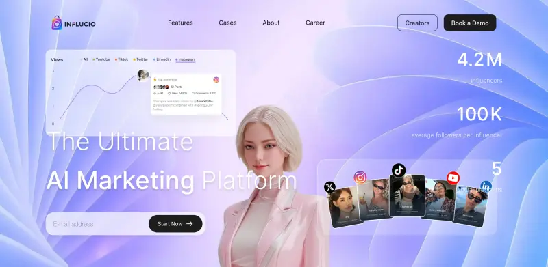Influcio homepage showing connect with 4M+ creators across platforms, driving real impact and 10X growth