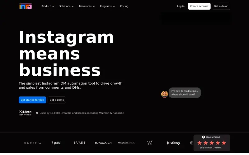Inrō homepage screenshot - Automate Instagram DMs to drive sales and leads
