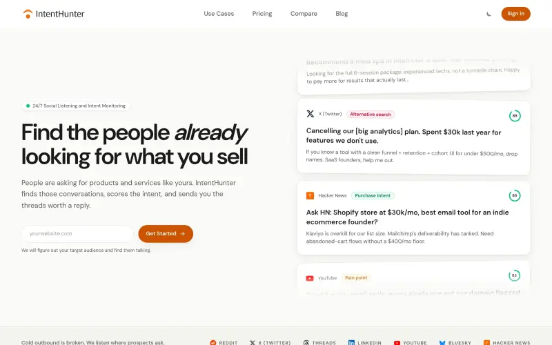 Intenthunter homepage showing Find buyers in online conversations