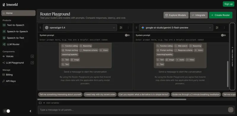 Inworld Router homepage showing Route to the right AI model