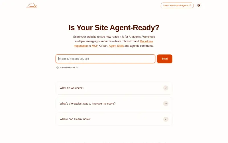 Is Your Site Agent-Ready? homepage screenshot - Optimize your site for AI agents with instant scans and actionable insights