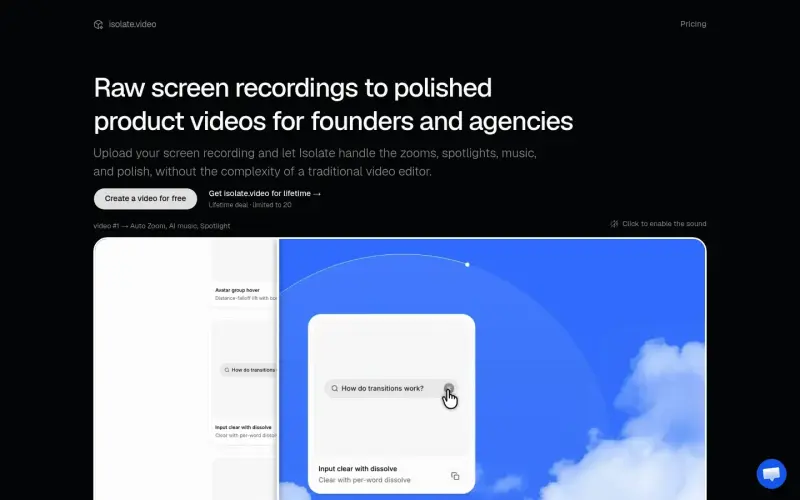isolate.video homepage showing Turn screen recordings into polished product videos with AI