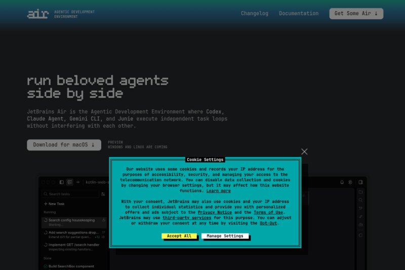 JetBrains Air homepage showing Streamline your development workflow