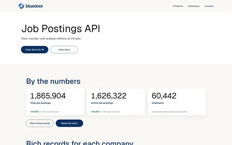 Job Postings API homepage showing Turn 1.8M+ US jobs into insights