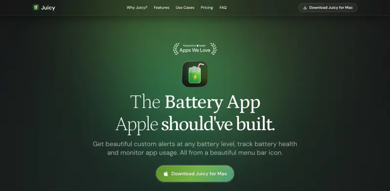 Juicy homepage showing Custom Mac battery alerts and health tracking