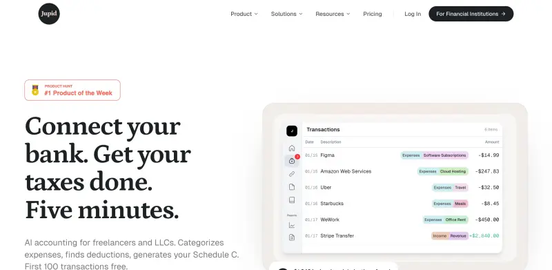 Jupid homepage showing Get accurate and organized financial records in minutes, with automated
