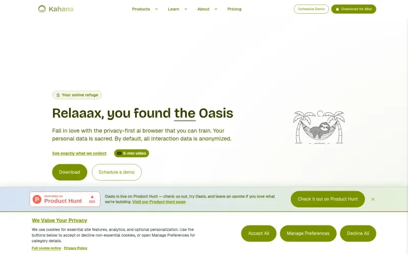 Kahana homepage showing AI-powered calm browsing