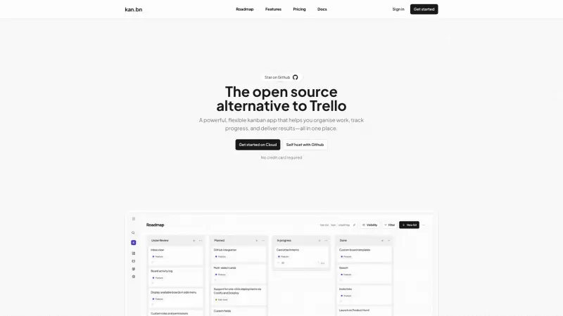 Kan.bn homepage showing Open source Trello alternative