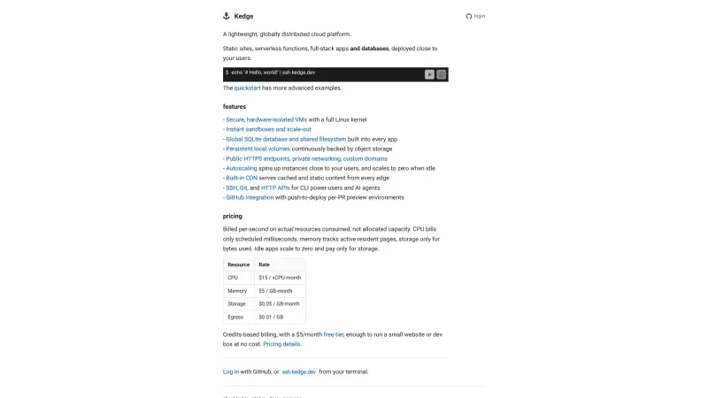 Kedge homepage showing Deploy apps and sites over SSH or Git