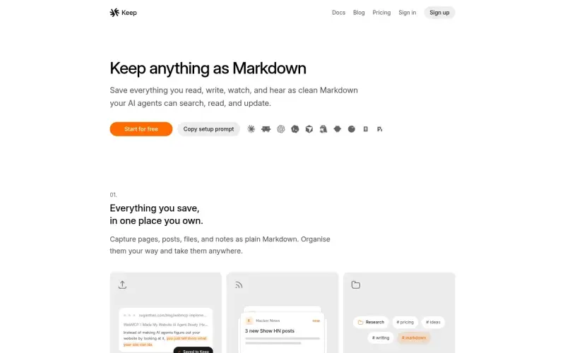 Keep homepage showing Save anything as Markdown your AI agents can search and use