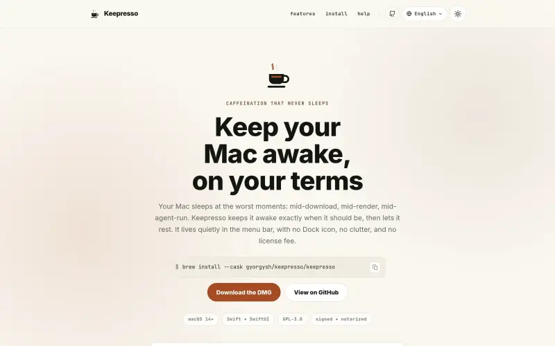 Keepresso homepage showing Keep Mac awake on demand