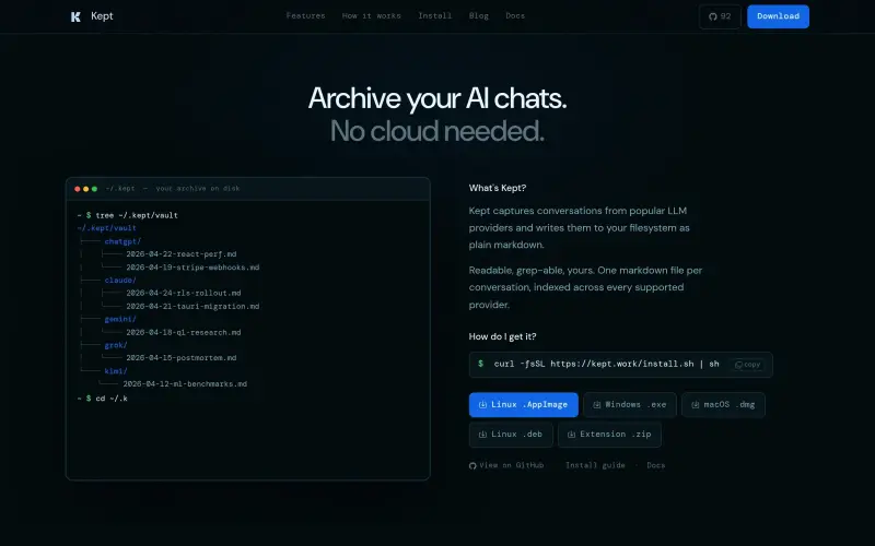 Kept homepage showing Capture and search your AI chats across providers