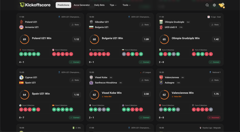 Kickoffscore interface screenshot 2 showing Free Football Predictions and Betting Tips. Follow Live Scores, compare Odds