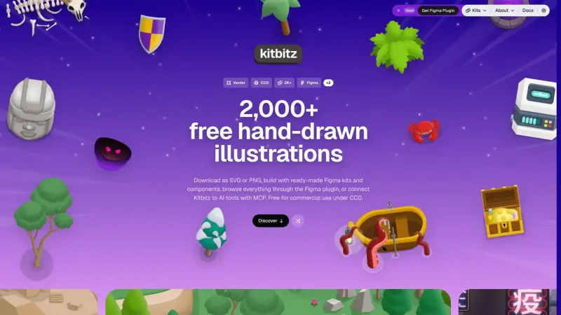 Kitbitz homepage showing Free hand-drawn illustrations for Figma, SVG, and PNG projects