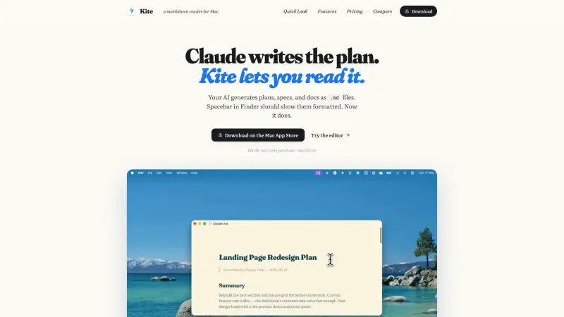 Kite homepage showing Instant Markdown formatting