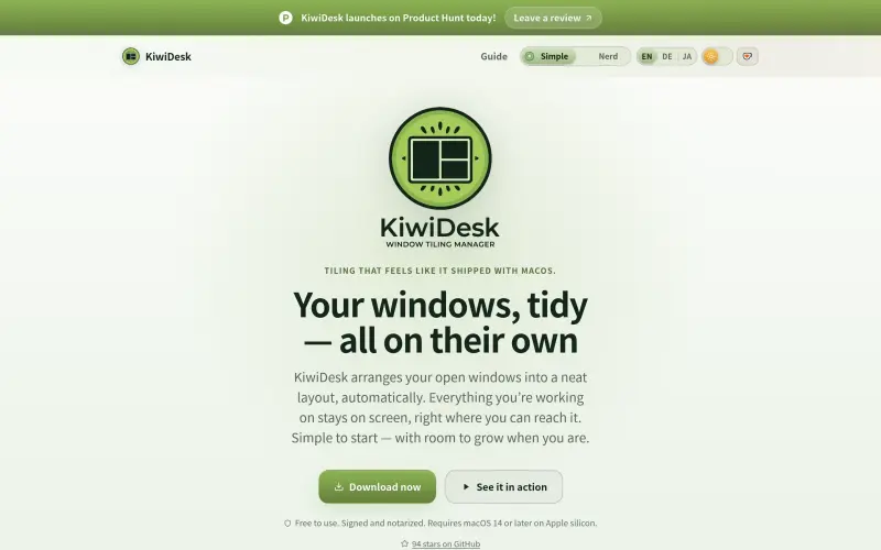KiwiDesk homepage showing Streamline your Mac workspace with intuitive window management