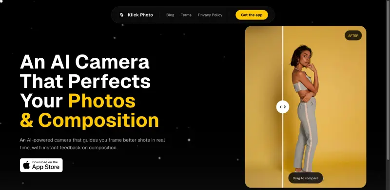 Klick Photo homepage showing Elevate your mobile photography with Klick Photo's instant framing tips and