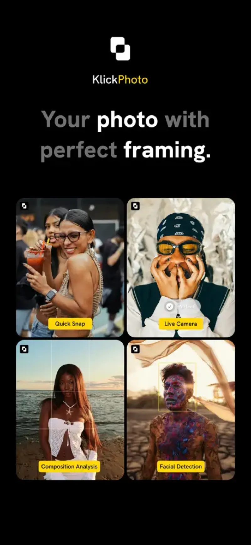 Klick Photo interface screenshot 2 showing Elevate your mobile photography with Klick Photo's instant framing tips and
