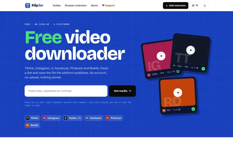 Klipjar homepage showing Download public videos from social media platforms instantly