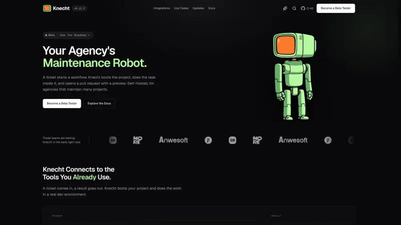 Knecht homepage showing Streamline DDEV Project Management with Automated Workflows