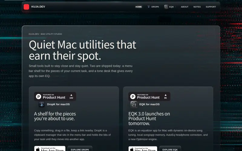 kuja.dev homepage showing Mac utilities for task organization