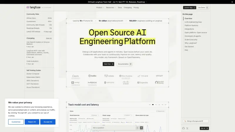 Langfuse homepage showing Debug AI agents in minutes