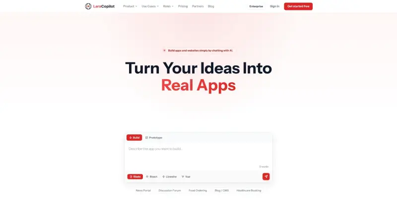 LaraCopilot homepage showing Turn ideas into Laravel apps with AI code generation